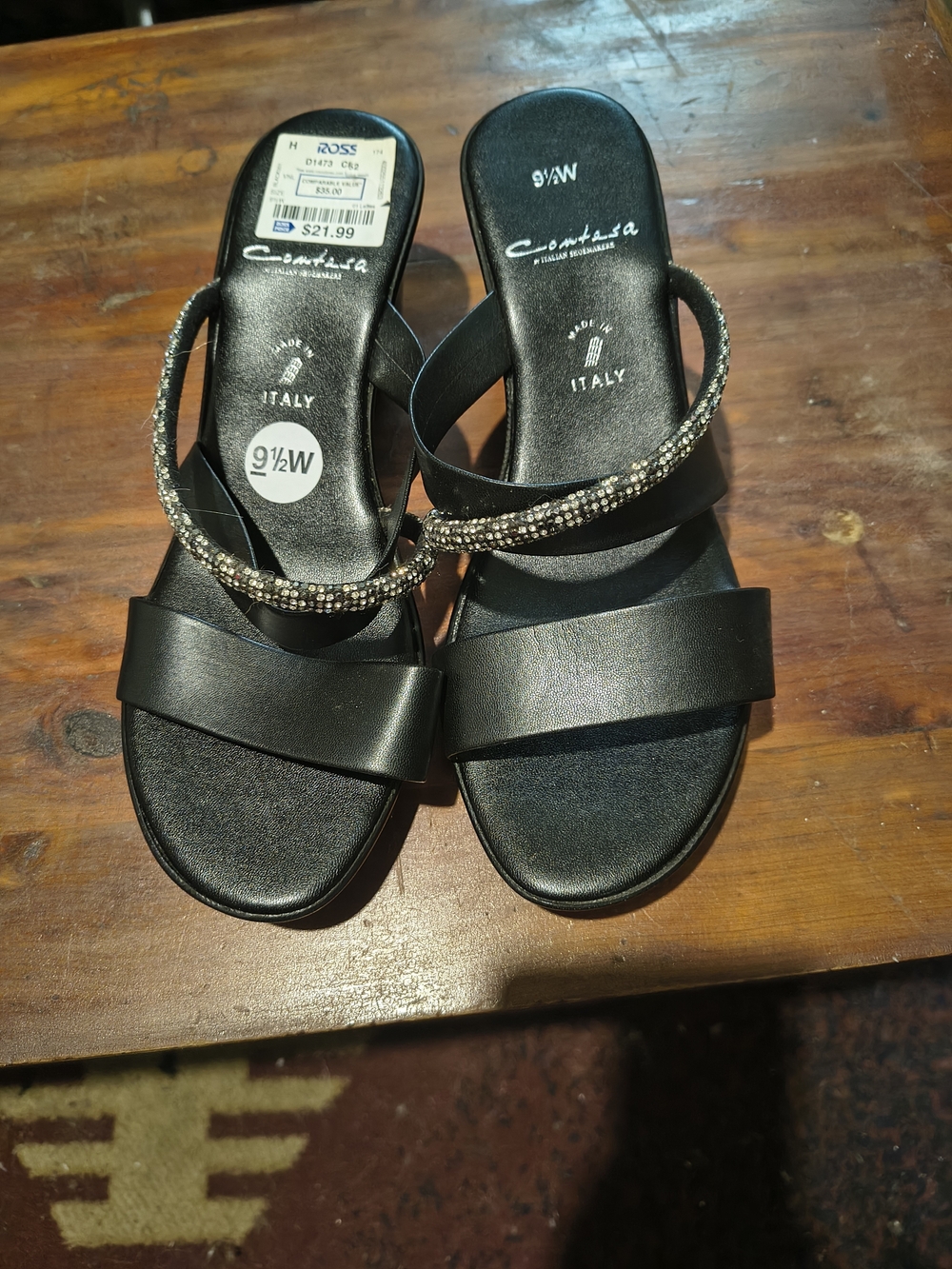 Italian Leather Contessa Black Rhinestone-Embellished Wedge Sandals